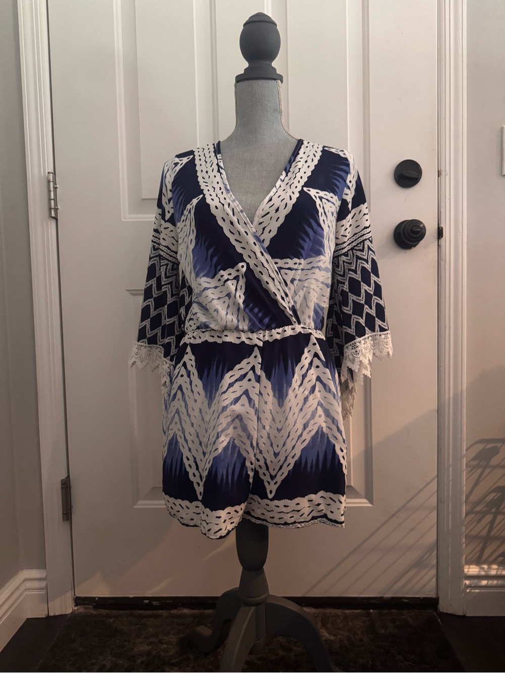 Women’s Blue and White V-Neck Wrap Romper